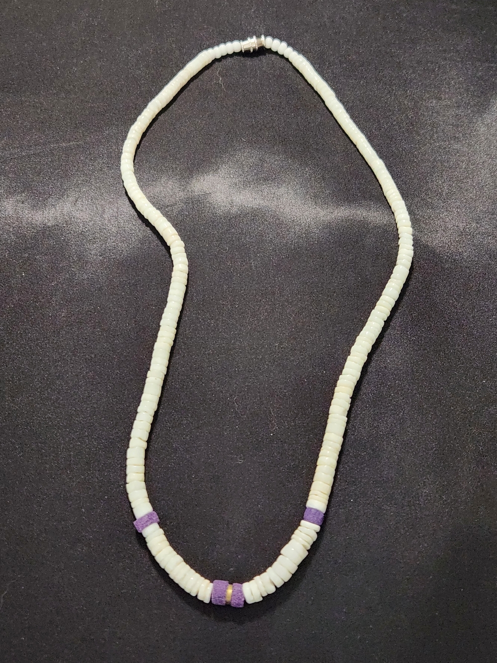 Vintage Puka White Bead Necklace with Purple And Gold Accents - Women Jewelry
